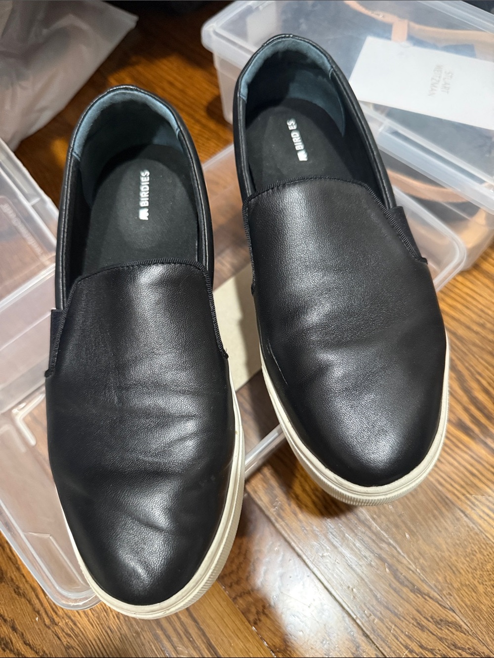 BIRDIES Black Leather Slip-On Sneakers